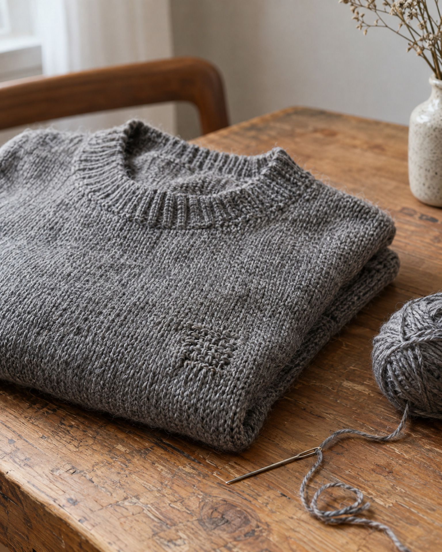 Ein gefaltetes graues Strickstück liegt neben einer Stopfnadel und einem Wollfaden auf einem Holztisch.