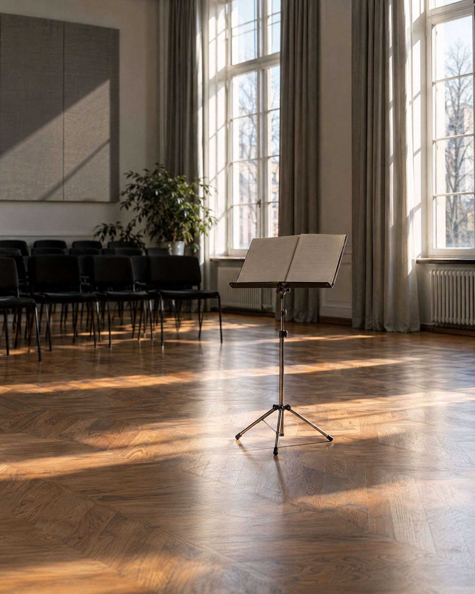 Ein leerer Proberaum mit Parkettboden und hohen Fenstern. In der Mitte steht ein einzelnes Notenpult aus Metall.