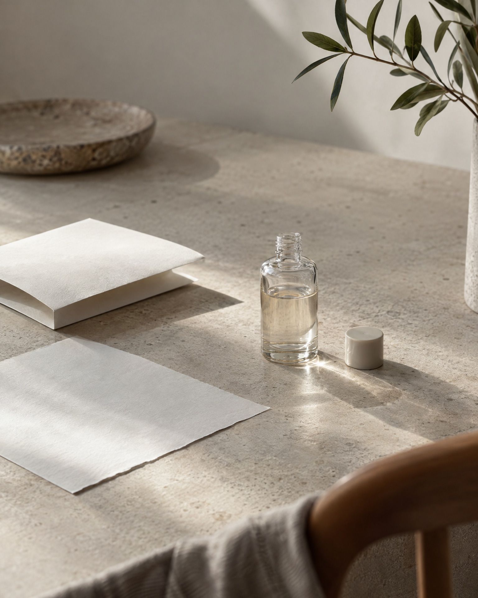Ein unbeschriftetes Glasfläschchen steht neben einem gefalteten Bogen Papier und einem einzelnen Blatt auf hellem Grund.