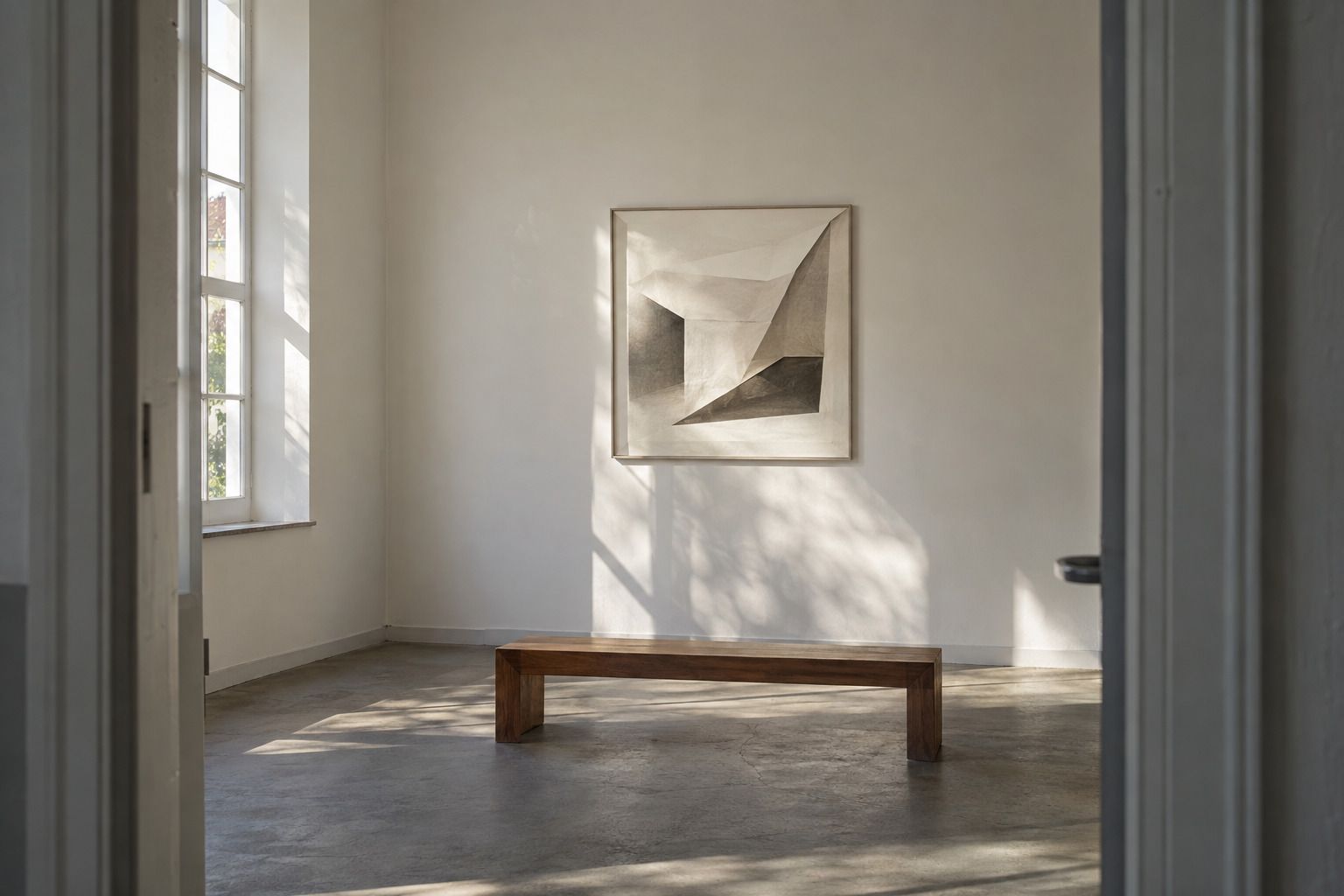 Ein leerer Ausstellungsraum mit Holzdielen, einer niedrigen Bank und einer abstrakten Papierstudie in einer Vitrine an der Wand.