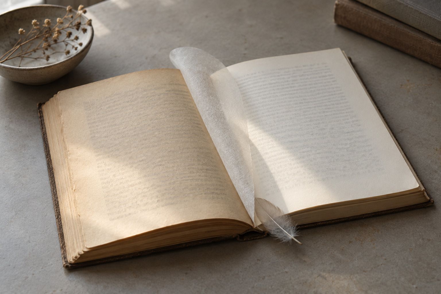 Ein aufgeschlagenes Buch mit leicht unterschiedlichen Papierlagen auf einem warmgrauen Tisch. Ein transparentes Blatt überbrückt den Falz, eine einzelne helle Feder steckt am unteren Seitenrand. Das Seitenlicht ist weich; der Druck ist nicht lesbar.